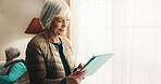 Ebook, scroll and old woman in retirement home with tablet, online library or browse on storytelling site. Smile, space or senior person with tech, virtual reading or content on literature platform.