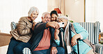 Caregiver, home and selfie with friends in retirement, smile and capture moment for social media. Happy carer, senior people and picture in living room with laugh, photography and memory in homecare