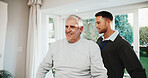 Chiropractor, help and old man in clinic with wellness, injury recovery and smile for rehabilitation. Happy, senior person and worker in office with chiropractic treatment, assistance and support.