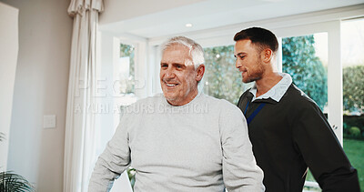 Buy stock photo Chiropractor, help and old man in clinic with wellness, injury recovery and smile for rehabilitation. Happy, senior person and worker in office with chiropractic treatment, assistance and support.