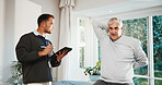 Physiotherapist, stretching and old man in office with tablet, evaluation or track recovery progress. Physical therapist, senior person and exercise with tech, rehabilitation and mobility assessment.
