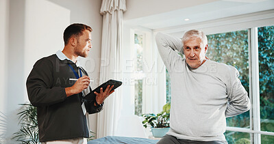 Buy stock photo Physiotherapist, stretching and old man in office with tablet, evaluation or track recovery progress. Physical therapist, senior person and exercise with tech, rehabilitation and mobility assessment.