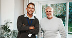 Portrait, physiotherapist and old man in clinic with smile, support or optimistic for rehabilitation. Happy, physical therapist and senior person in office with healthcare, recovery or healing injury