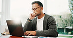 Freelancer, man and thinking with laptop in house for source finding, audit accuracy or decision. Remote work, accountant and reflection with tech for financial reporting, tax preparation and insight