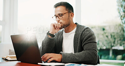 Buy stock photo Freelancer, man and thinking with laptop in house for source finding, audit accuracy or decision. Remote work, accountant and reflection with tech for financial reporting, tax preparation and insight