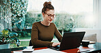 Remote work, woman and typing on laptop in home for financial report, external audit and taxes. Freelancer, accountant and happy with research on tech for budget planning, record keeping and payroll