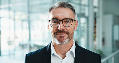 Buy stock photo Business, portrait or man in firm with smile, tax advisor or ambition in financial career. Space, pride or mature wealth manager with confidence, budgeting specialist or about us as asset consultant.