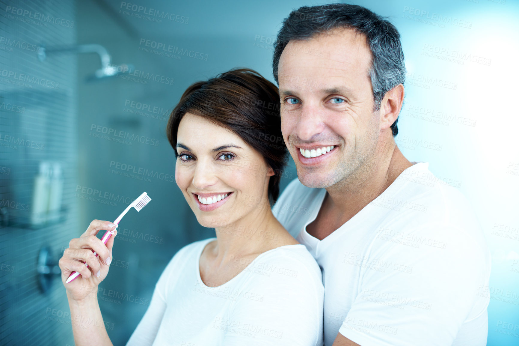 Buy stock photo Couple, hug and toothbrush with portrait for dental care, grooming and morning routine in home. Man, woman and smile for brushing teeth, love and wellness with cleaning or happiness in house bathroom