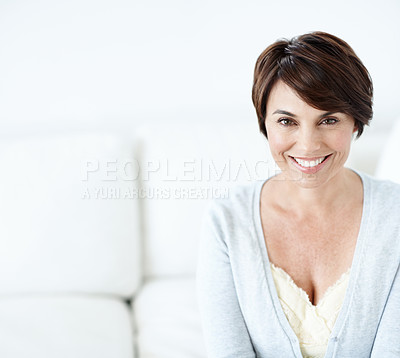 Buy stock photo Portrait, woman and relax at house with smile, peace and comfortable for weekend break. Space, female person and rest in lounge for calm morning, positive attitude and chilling on couch for wellness