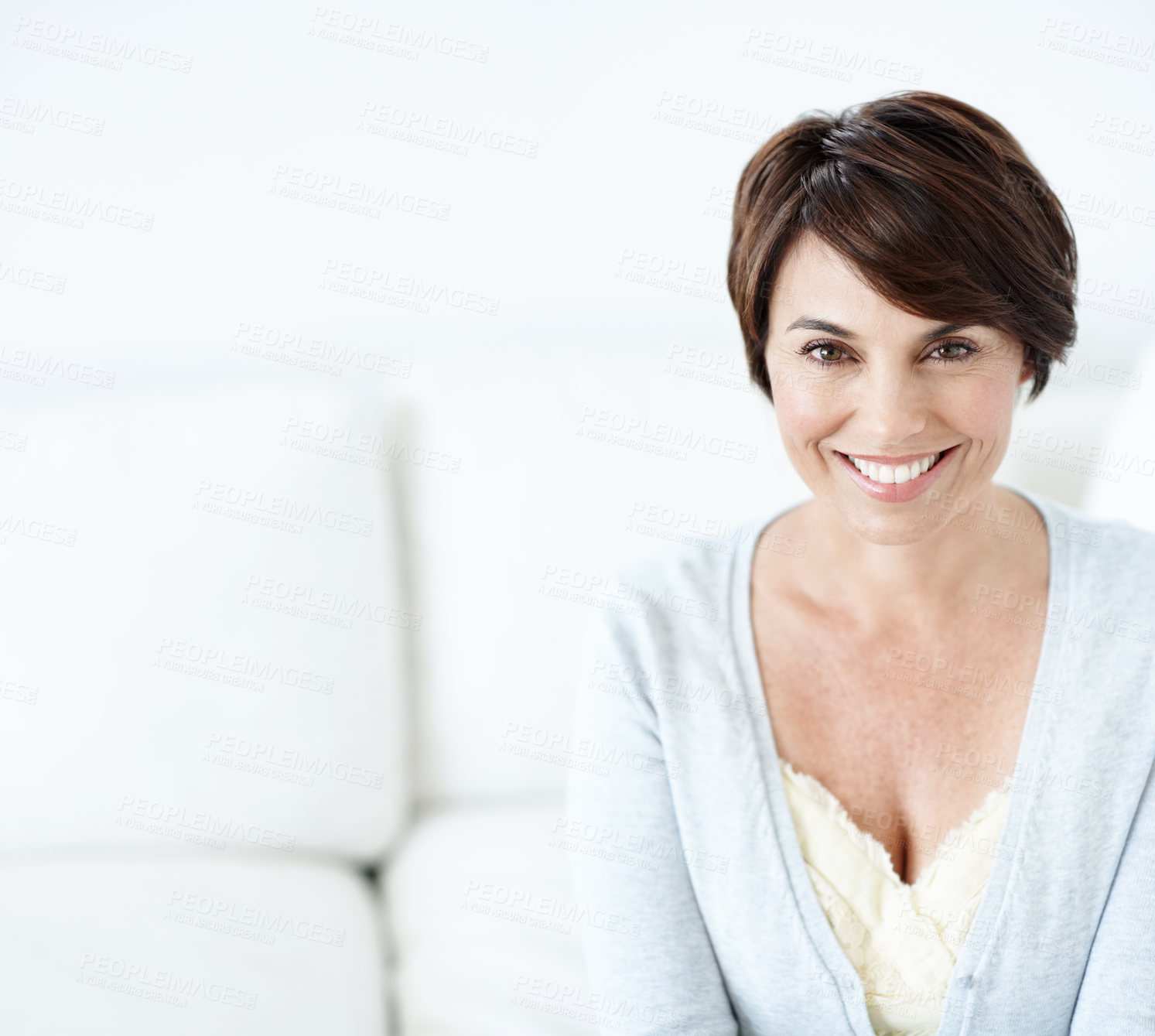 Buy stock photo Portrait, woman and relax at house with smile, peace and comfortable for weekend break. Space, female person and rest in lounge for calm morning, positive attitude and chilling on couch for wellness
