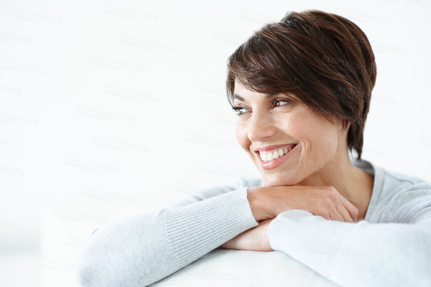 Buy stock photo Woman, thinking and daydream with smile on break, space and remember good memories or contemplating. Past, reflection and relax with nostalgia, white background and happy person with thoughts or idea