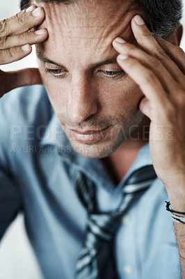 Buy stock photo Headache, doubt and businessman in office with burnout, fatigue or anxiety for mistake on legal case. Migraine, exhausted and attorney with frustration or stress for error on law project in workplace