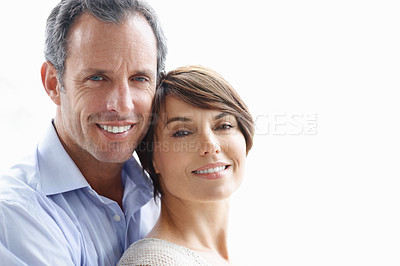 Buy stock photo Happy couple, portrait and bonding on break, love or embrace with partner or relationship commitment. White background, mature man and woman with smile, space and connection with spouse in Canada