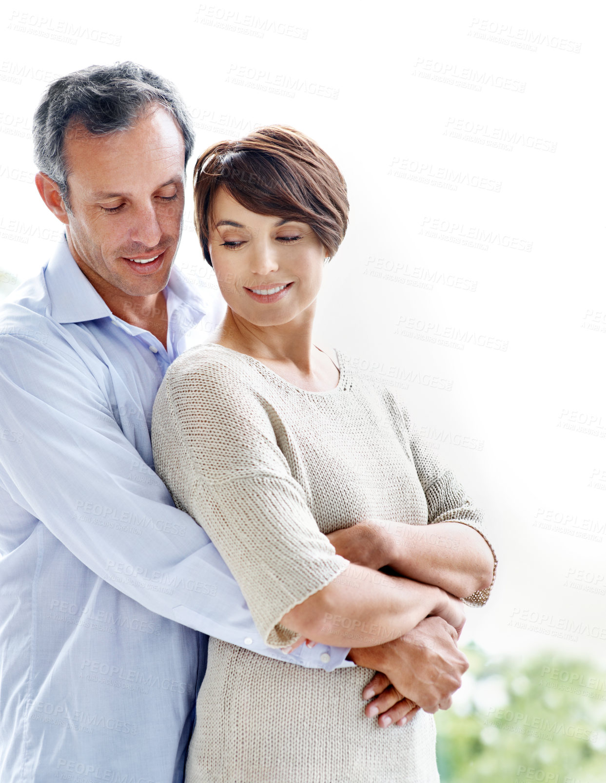 Buy stock photo Smile, hug and couple with trust in nature, loyalty or relationship commitment on vacation. Happy, mature man and woman embrace outdoor for love, support or bonding together on romantic getaway