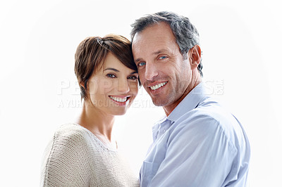 Buy stock photo Happy couple, portrait and support on break, loyalty or embrace with partner and marriage commitment. White background, mature man and woman with smile, space and connection with spouse in Canada