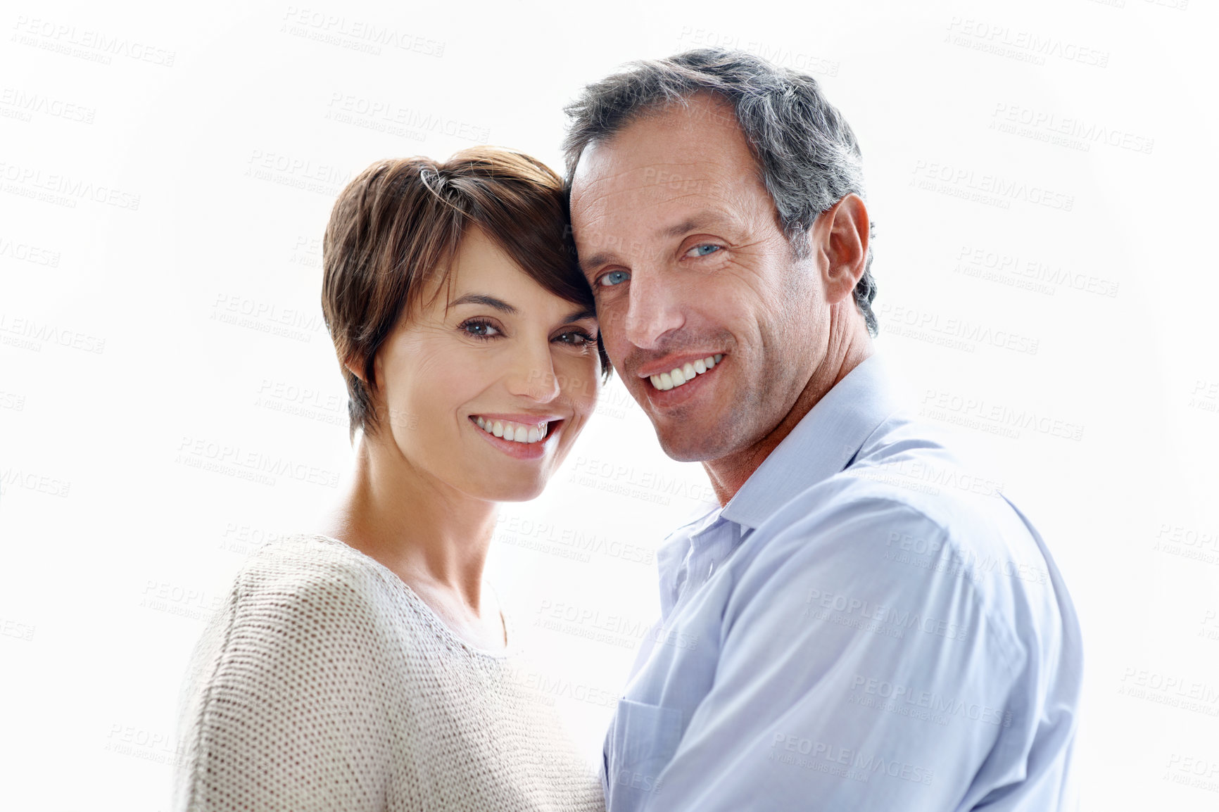 Buy stock photo Happy couple, portrait and support on break, loyalty or embrace with partner and marriage commitment. White background, mature man and woman with smile, space and connection with spouse in Canada