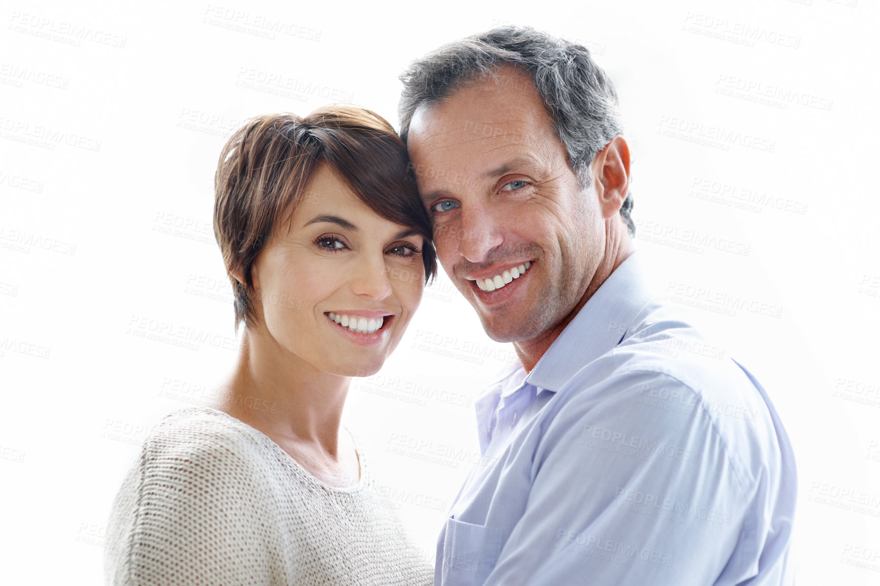 Buy stock photo Portrait, happy and couple with love for marriage, care and connection for bonding together. Smile, people and partner admiration with romance, commitment and healthy relationship on white background