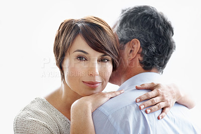 Buy stock photo Smile, woman and hug outdoor with man, love and partner affection for bonding on holiday. Portrait, couple and embrace in nature with connection, commitment and healthy relationship on vacation trip