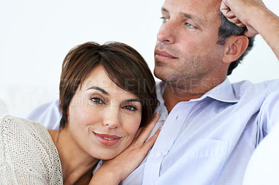 Buy stock photo Relax, smile or couple in house with love, partner bonding or cozy cuddle on weekend break. Portrait, mature man or woman in home with trust, unwind together or peaceful moment in romantic connection
