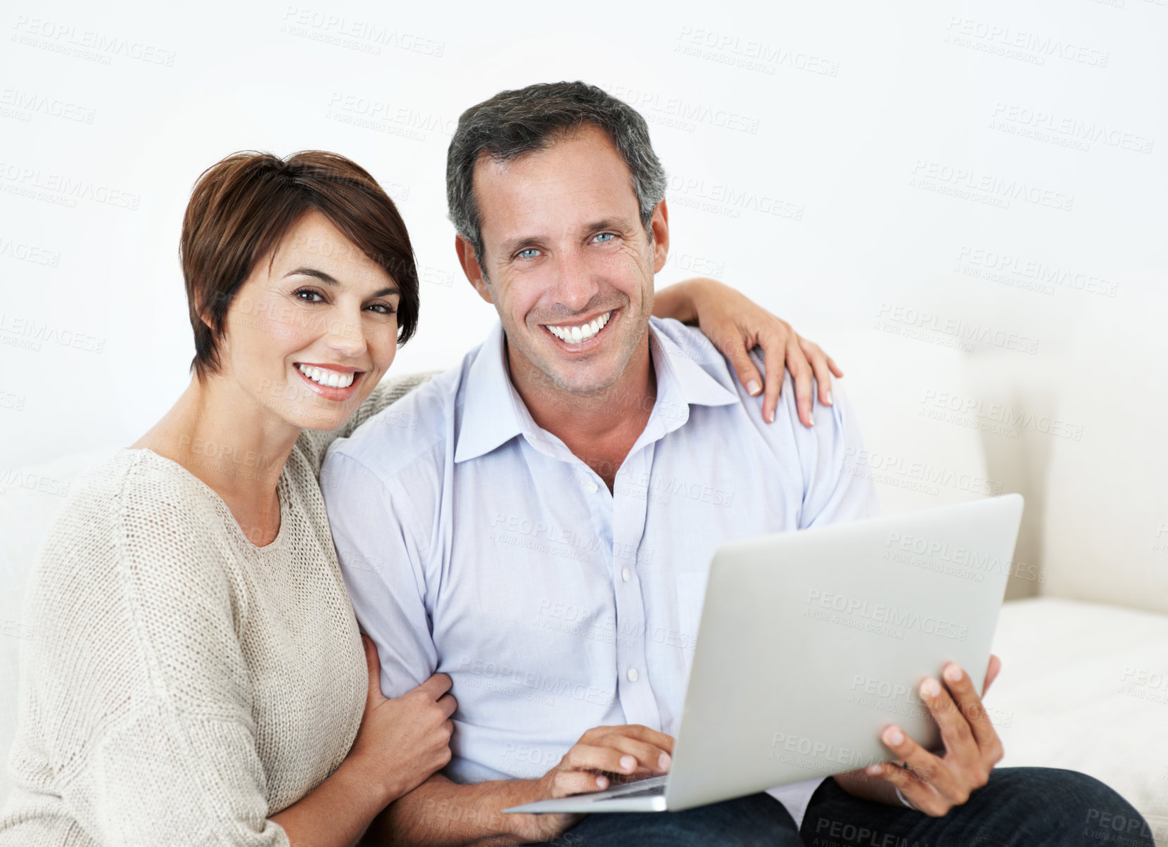 Buy stock photo Couple, laptop and happy with portrait on home sofa for online connection, browsing and internet. Mature man, woman and tech in house living room for streaming, subscription or planning on website