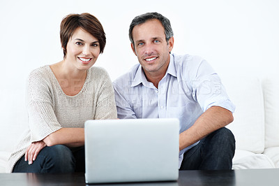 Buy stock photo Happy, couple and portrait with laptop on sofa for research, finance or budget planning together in home. Man, woman or smile with computer for financial report, online expenses or costs in house
