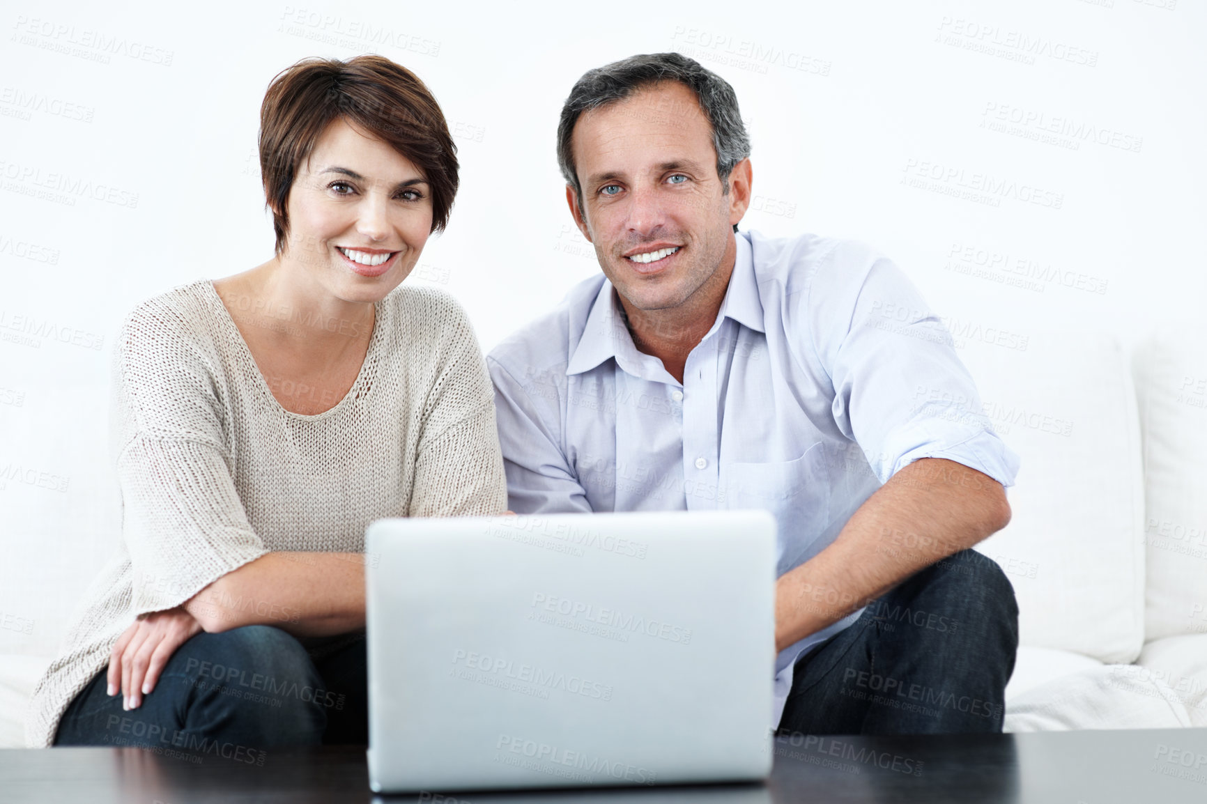 Buy stock photo Happy, couple and portrait with laptop on sofa for research, finance or budget planning together in home. Man, woman or smile with computer for financial report, online expenses or costs in house