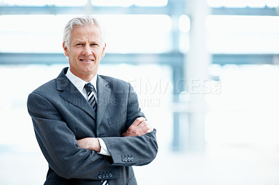 Buy stock photo Portrait, arms crossed or business man with corporate career, private equity consultant or investment. Smile, confidence and mature person in office for finance, asset management or CEO with space