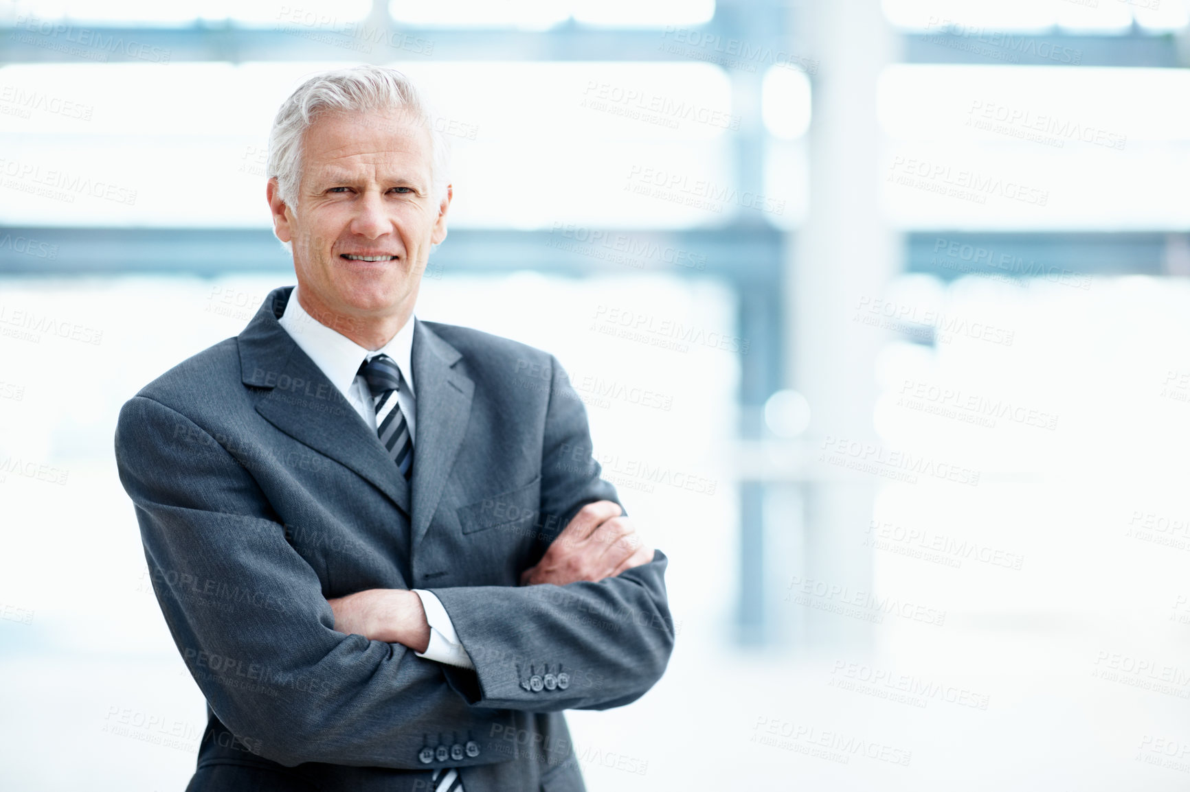 Buy stock photo Portrait, arms crossed or business man with corporate career, private equity consultant or investment. Smile, confidence and mature person in office for finance, asset management or CEO with space