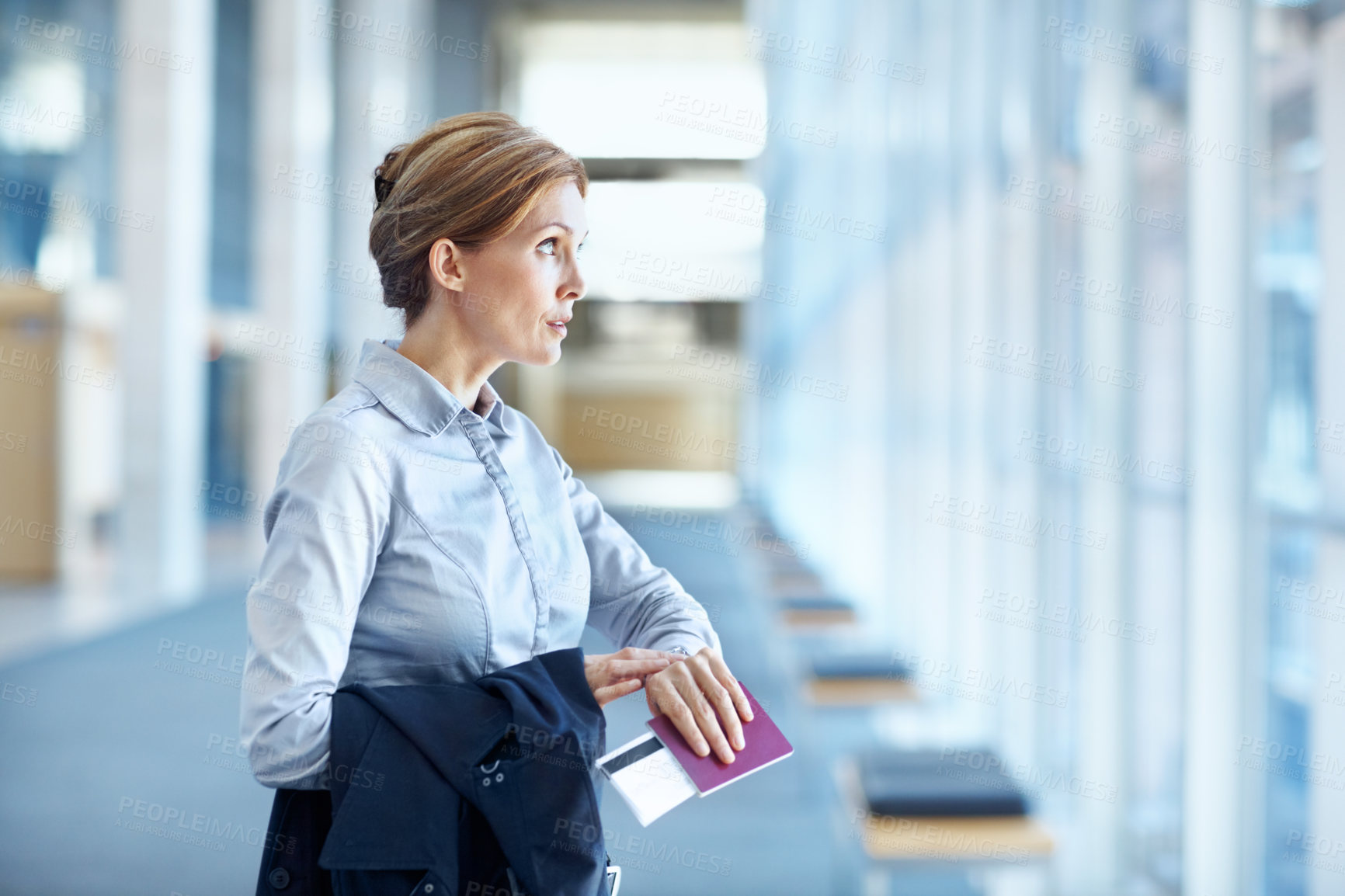Buy stock photo Passport, businesswoman and watch at airport window to monitor flight, impatient and journey. Business travel, person and wristwatch in lobby for global trip, boarding time and waiting for departure