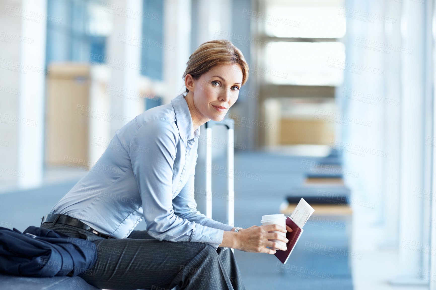 Buy stock photo Portrait, travel and woman at airport with coffee, passport or ticket for business trip with luggage. Beverage, flight and person waiting at lounge with boarding pass for international journey