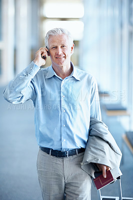 Buy stock photo Airport, portrait and business man with phone call, talking and contact for travel schedule. Corporate, manager and mature person with suitcase, cellphone and walking for commute, trip and conference