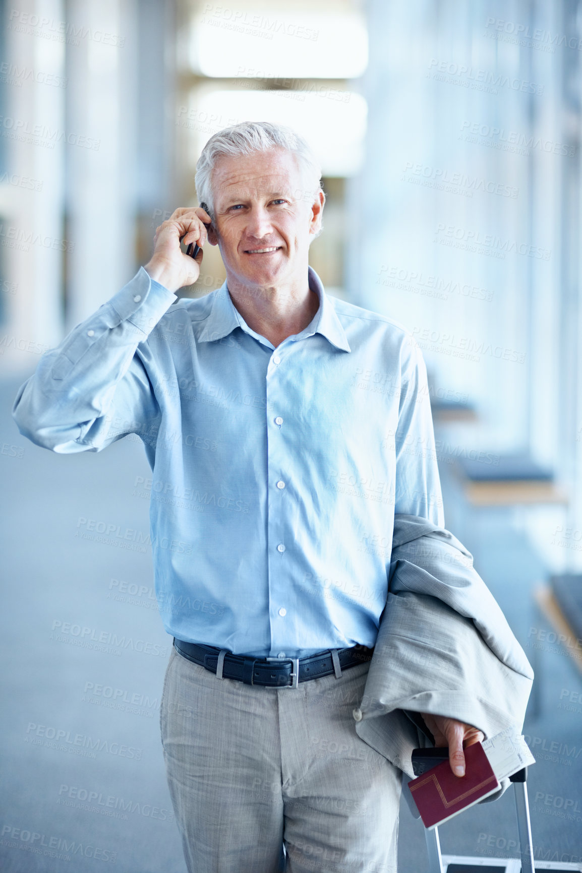 Buy stock photo Airport, portrait and business man with phone call, talking and contact for travel schedule. Corporate, manager and mature person with suitcase, cellphone and walking for commute, trip and conference