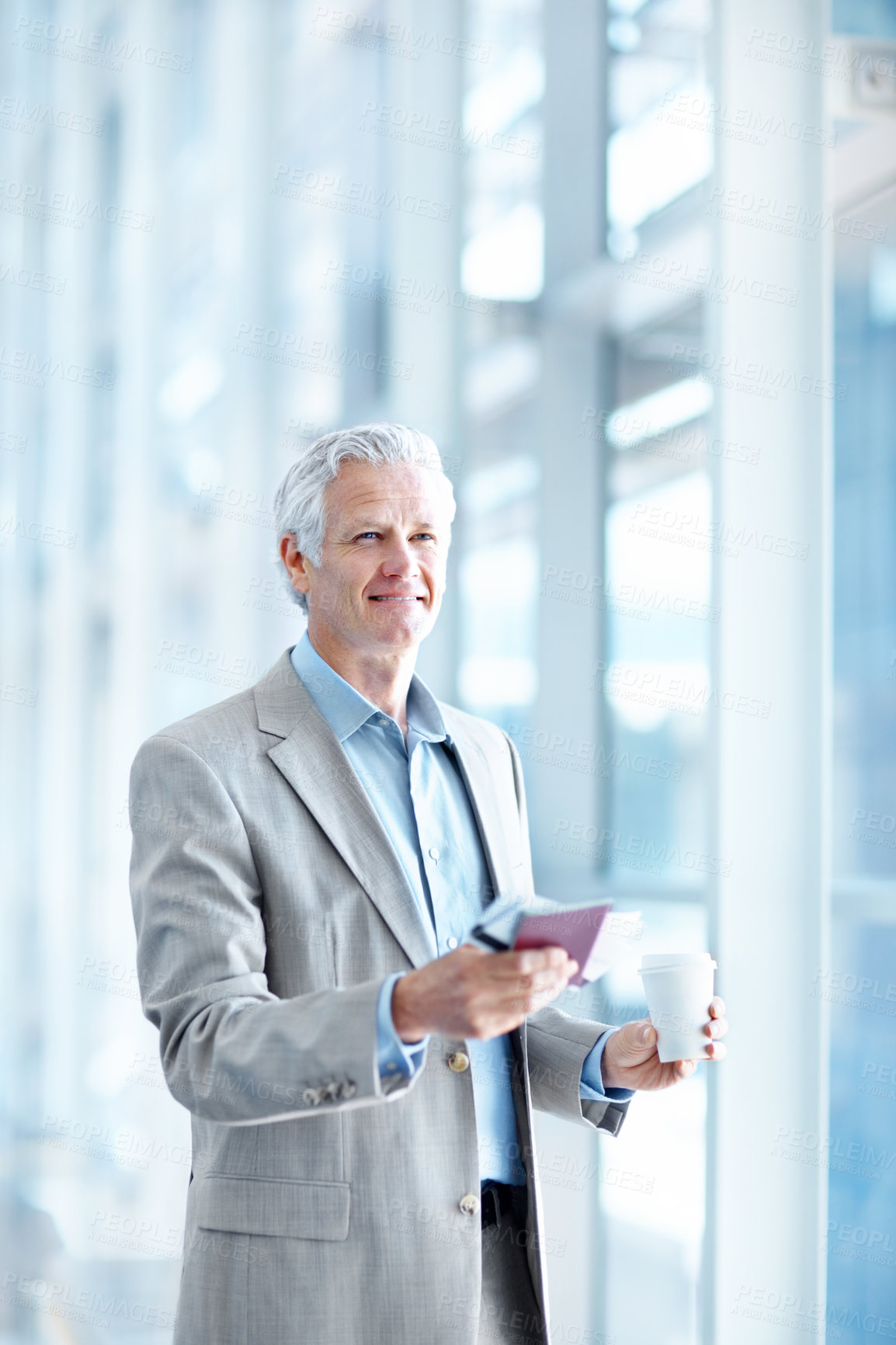 Buy stock photo Coffee, thinking and man at airport with ticket, travel plans and passport for business trip. Drink, vision and mature person with boarding pass for flight, global journey and happy for immigration