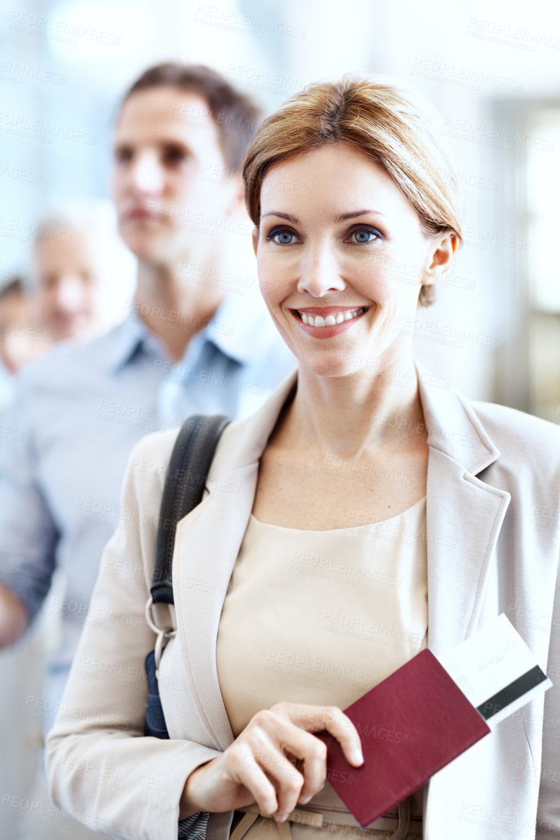 Buy stock photo Travel, queue or businesswoman at airport with boarding pass, flight process or commute to b2b event. Corporate, document or employee with waiting line, company seminar or departure procedure on trip