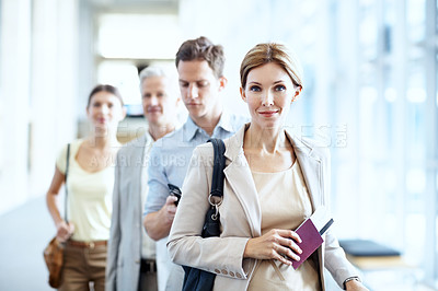 Buy stock photo Boarding, portrait or businesswoman at airport with waiting line, flight process or commute to b2b event. Smile, document or employee with queue, corporate travel or departure procedure on trip.