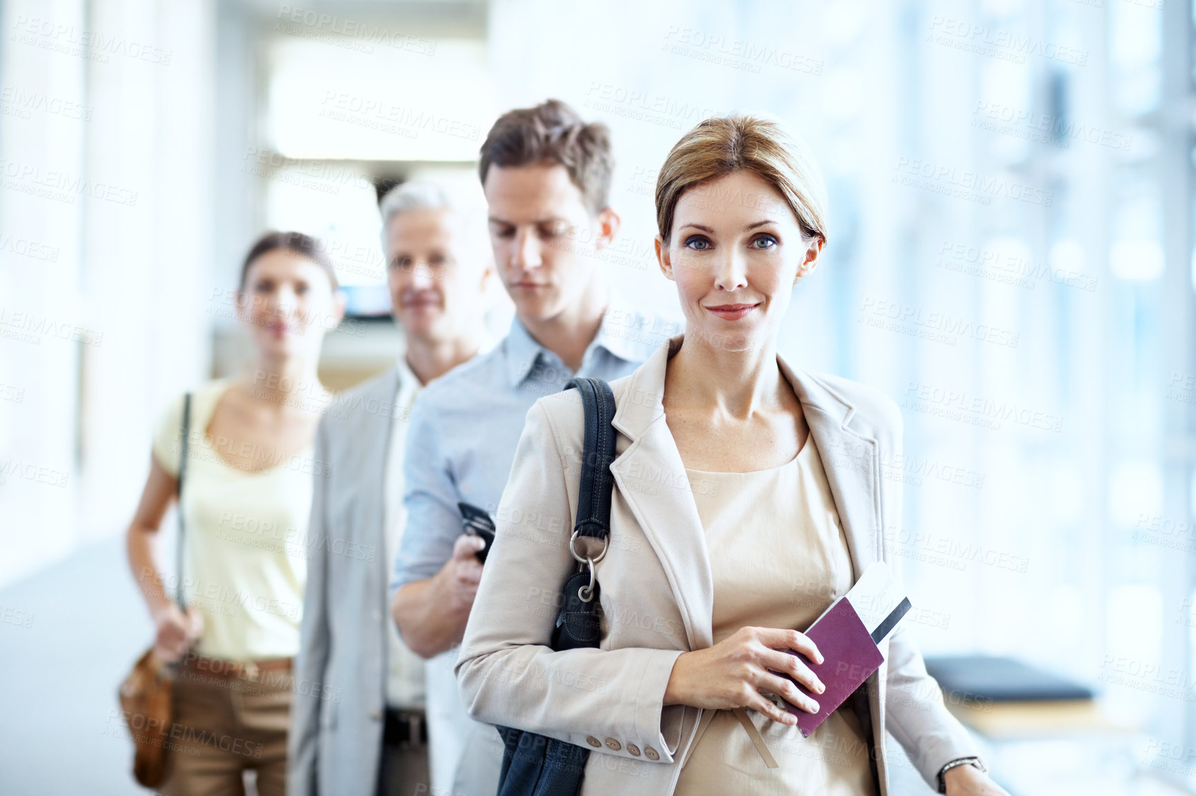 Buy stock photo Boarding, portrait or businesswoman at airport with waiting line, flight process or commute to b2b event. Smile, document or employee with queue, corporate travel or departure procedure on trip.
