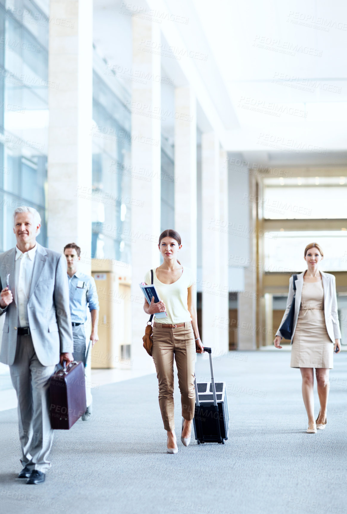 Buy stock photo Happy, luggage or businesspeople at airport with trip, journey or commute to b2b seminar. Boarding, smile or employees with baggage, company travel or flight departure for corporate conference.