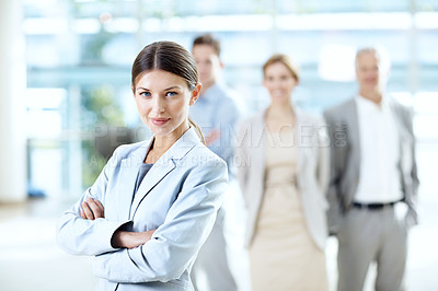 Buy stock photo Portrait, woman and team in office with crossed arms, confidence and about us at insurance agency. Corporate, coverage broker and person with pride for job opportunity, business growth and colleagues