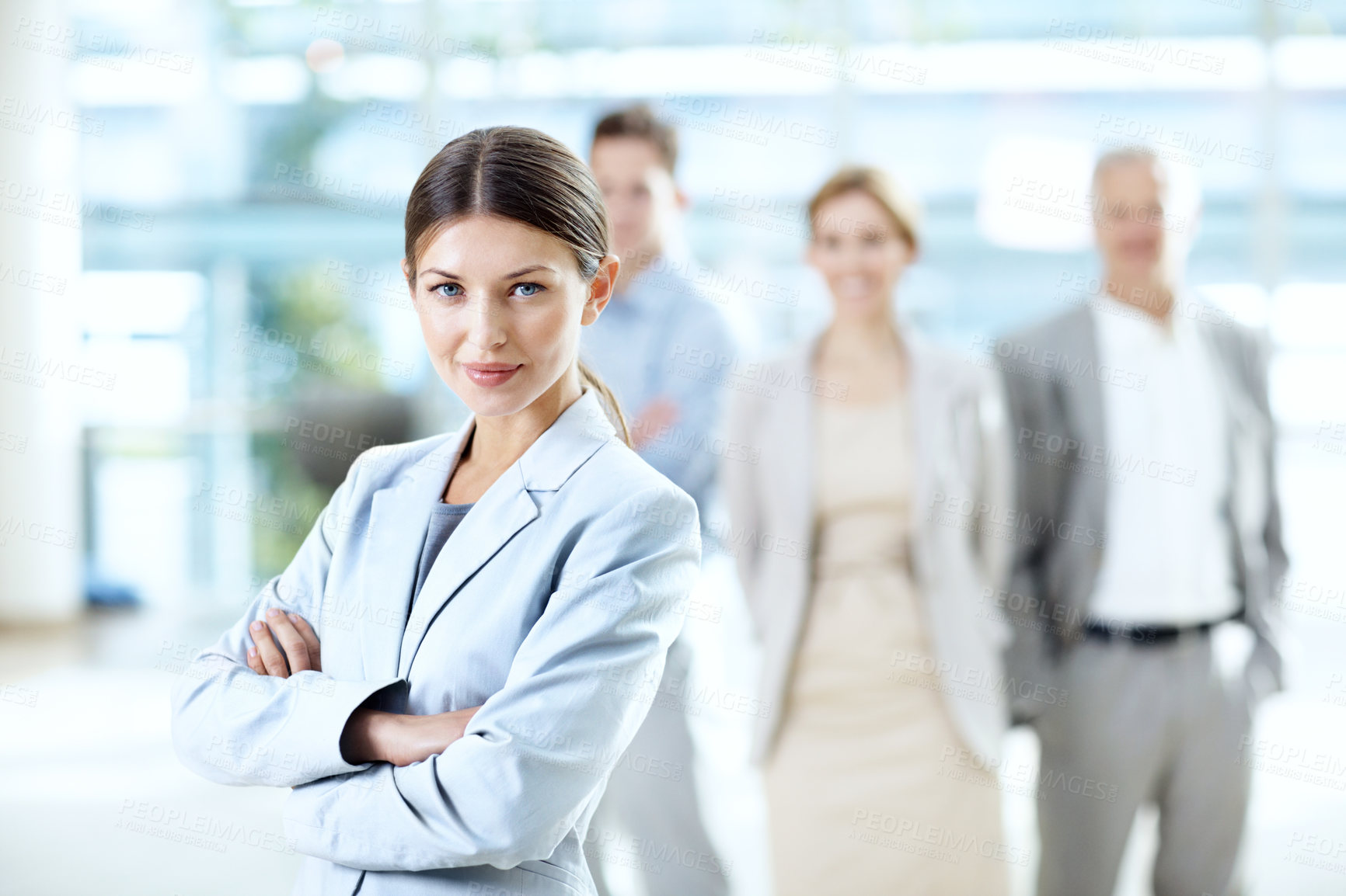 Buy stock photo Portrait, woman and team in office with crossed arms, confidence and about us at insurance agency. Corporate, coverage broker and person with pride for job opportunity, business growth and colleagues