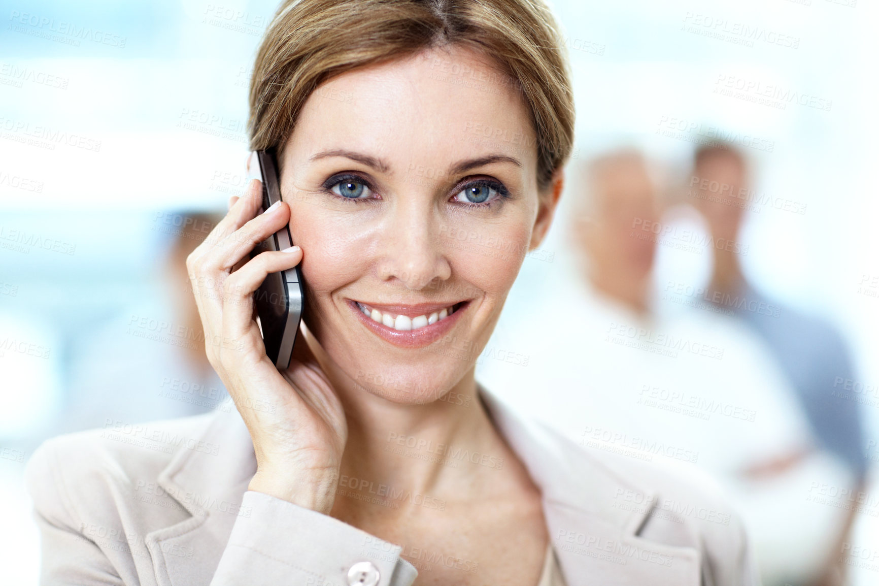 Buy stock photo Portrait, business and woman in office with phone call, contact buyer and inquiry for real estate. Smile, female person and realtor with mobile, pricing property and schedule for auction negotiation