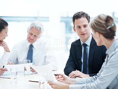 Buy stock photo Corporate, office and business people with advisor for meeting, investment proposal and agreement. Boardroom, teamwork and workers talking with paperwork for financial contract, merger and evaluation