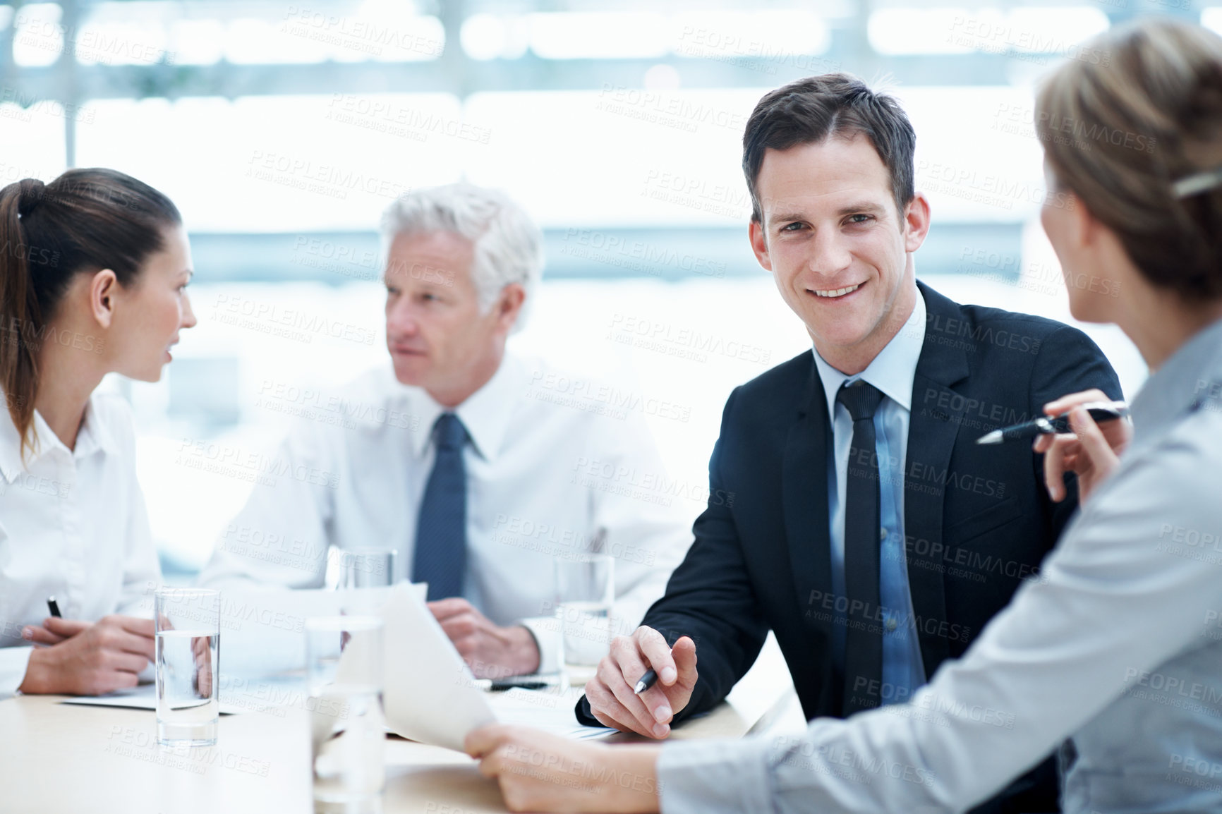 Buy stock photo Smile, people and lawyer in office for meeting, court case and document with witness statement. Portrait, attorney and team with report in workplace for evidence, confidential information and lawsuit