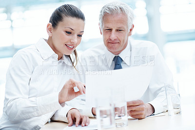 Buy stock photo Corporate, people and manager in office with documents, financial statement and discussion for audit. Accounting, team and finance management in firm with paperwork, review and planning for business.