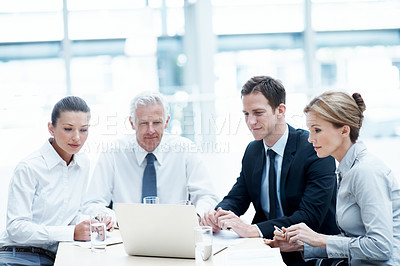 Buy stock photo Business, meeting or people in office with laptop, strategy insight or review of budget report. Collaboration, digital or finance advisors with tech, funding brief or evaluation of company revenue.