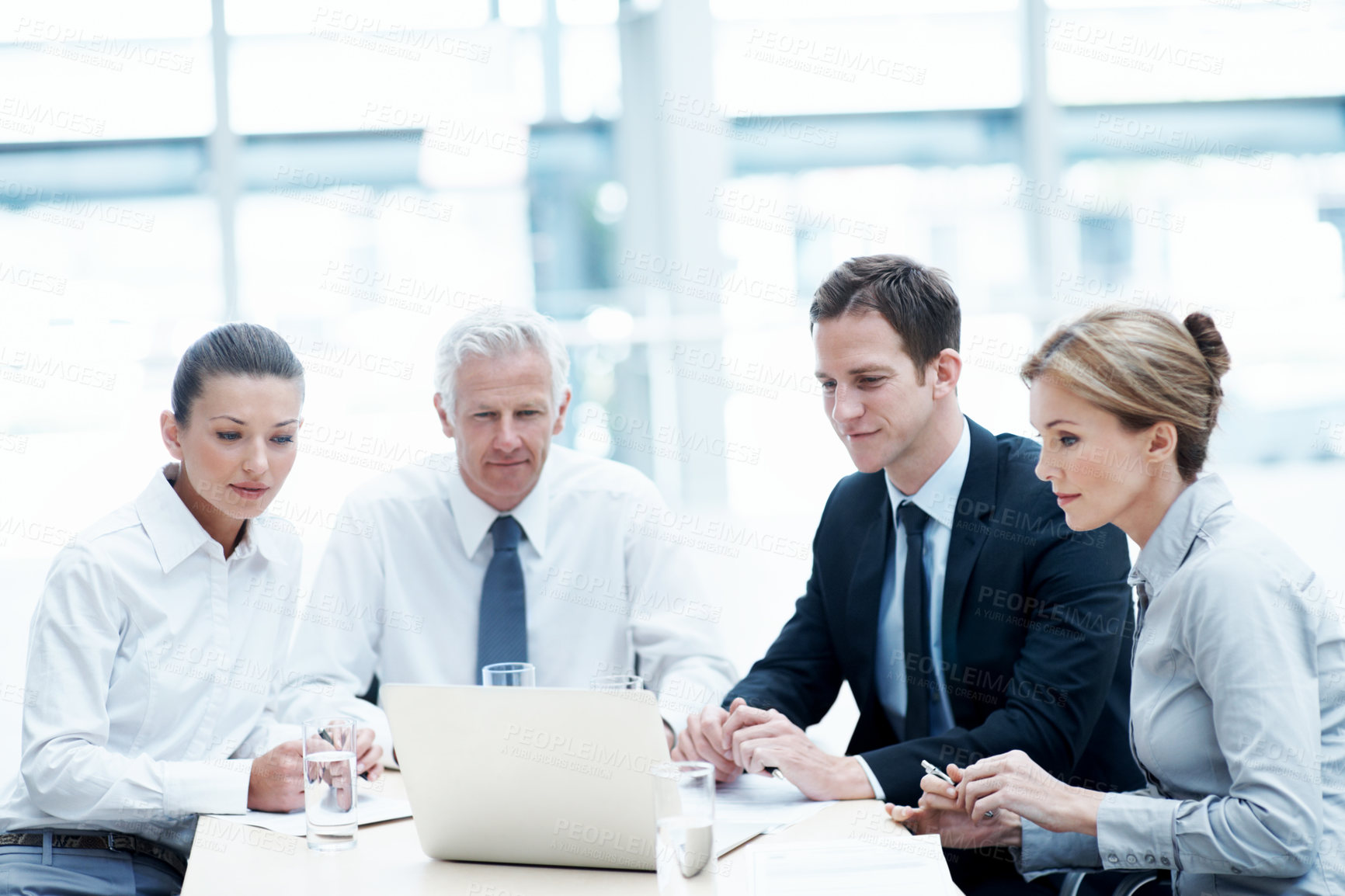 Buy stock photo Business, meeting or people in office with laptop, strategy insight or review of budget report. Collaboration, digital or finance advisors with tech, funding brief or evaluation of company revenue.
