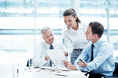Buy stock photo Office, meeting and business people with documents, finance review and proposal with manager. Corporate, team and woman with men for paperwork, discussion and financial report for budget planning