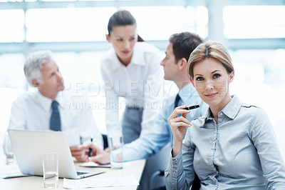 Buy stock photo Company, smile and business woman in meeting for financial accounting, about us and career growth. Office, audit team and happy person with corporate portrait, bookkeeping and confident accountant