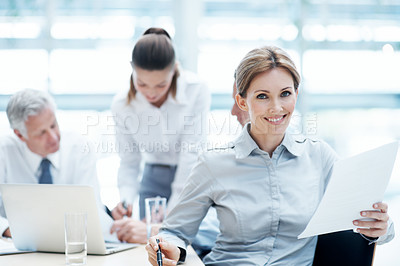 Buy stock photo Business, woman and document in office for meeting, court case and laptop with witness statement. Portrait, people and lawyer with legal paperwork for evidence, confidential information and lawsuit