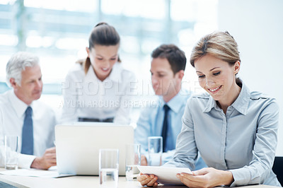 Buy stock photo Office, woman and reading document in meeting for financial compliance, report or review information. Paperwork, team and happy person with proposal, investment regulation and risk management
