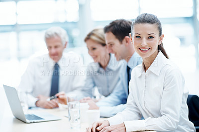 Buy stock photo Confident, leadership and businesswoman with team in office, wealth management or career development. Corporate, portrait and happy person with pride, investment banking and business growth in USA